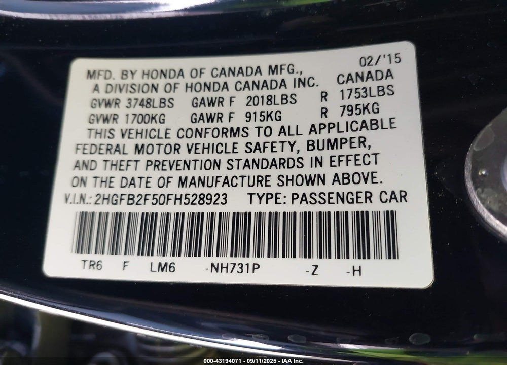 2015 HONDA CIVIC VIN: 2HGFB2F50FH528923