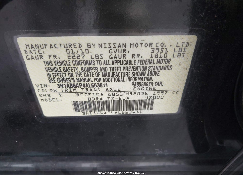 2010 NISSAN SENTRA VIN: 3N1AB6AP4AL663611