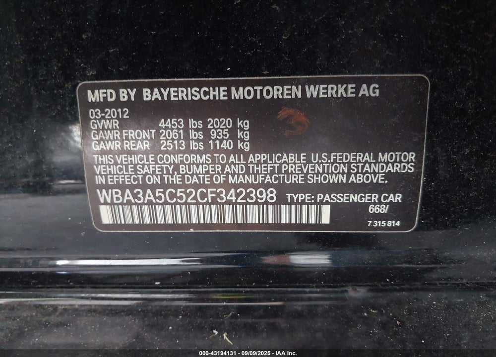 2012 BMW 328I VIN: WBA3A5C52CF342398
