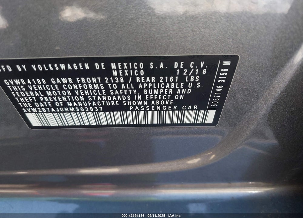2017 VOLKSWAGEN JETTA 1.4T S VIN: 3VW2B7AJ0HM303837