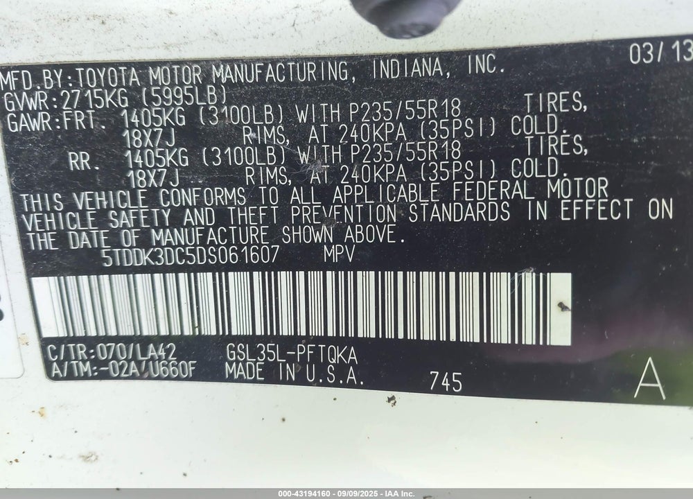 2013 TOYOTA SIENNA LIMITED 7 PASSENGER VIN: 5TDDK3DC5DS061607