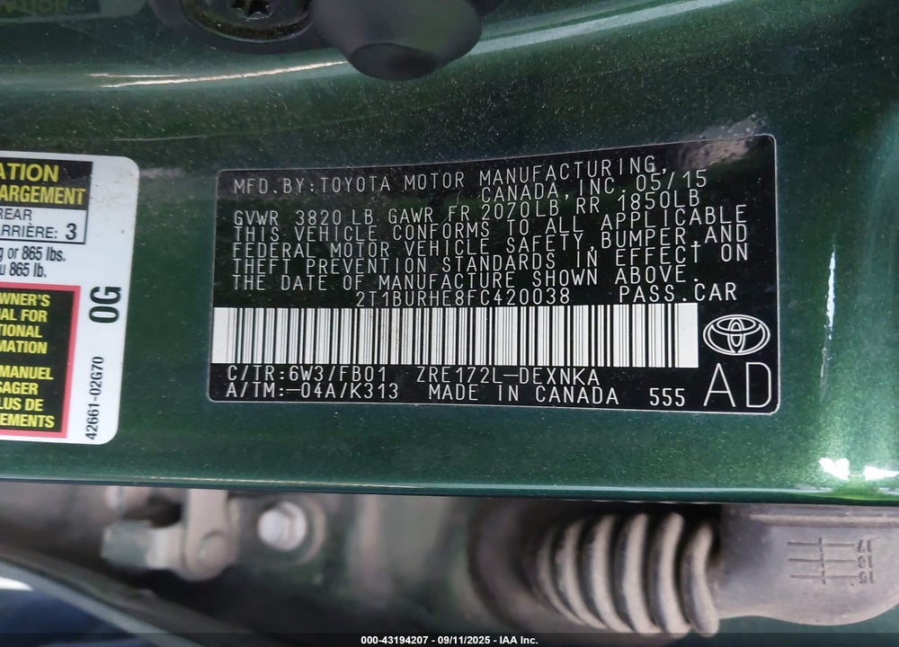 2015 TOYOTA COROLLA VIN: 2T1BURHE8FC420038