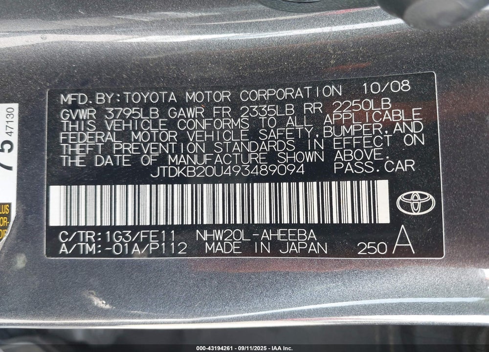 2009 TOYOTA PRIUS VIN: JTDKB20U493489094