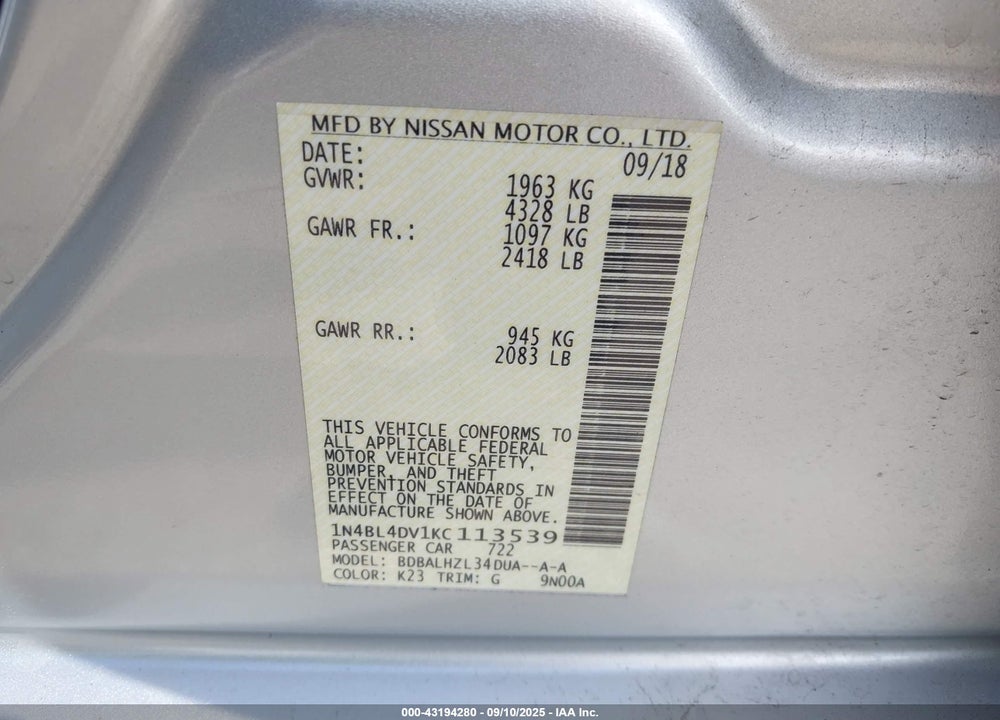 2019 NISSAN ALTIMA VIN: 1N4BL4DV1KC113539