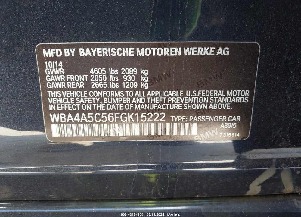 2015 BMW 4 SERIES VIN: WBA4A5C56FGK15222