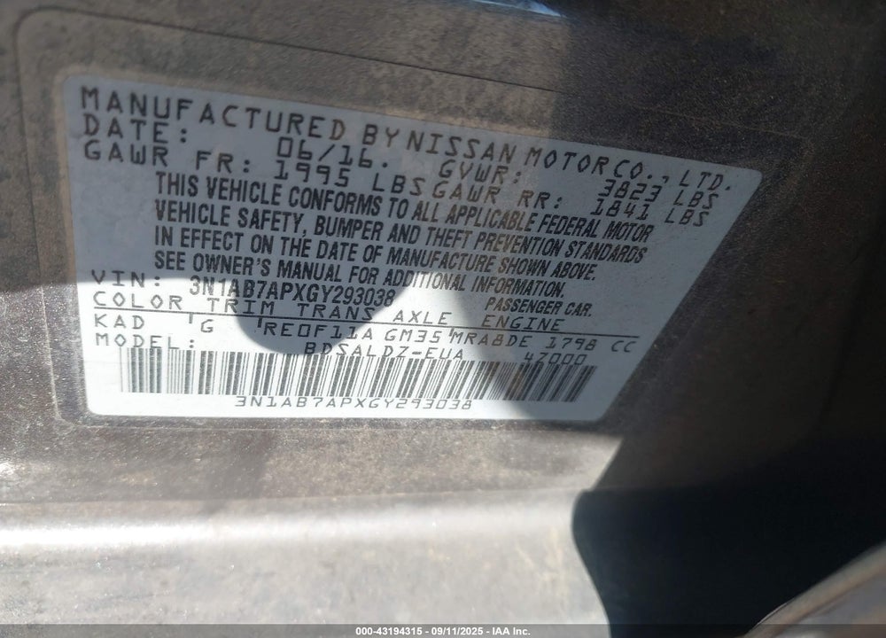 2016 NISSAN SENTRA VIN: 3N1AB7APXGY293038