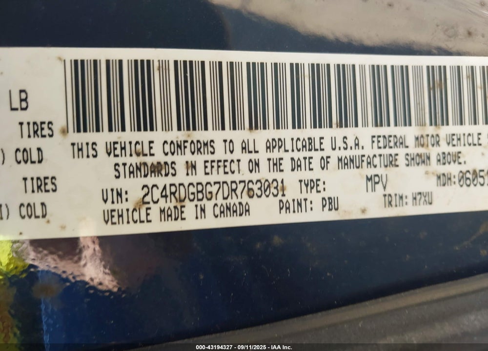 2013 DODGE GRAND CARAVAN SE VIN: 2C4RDGBG7DR763031