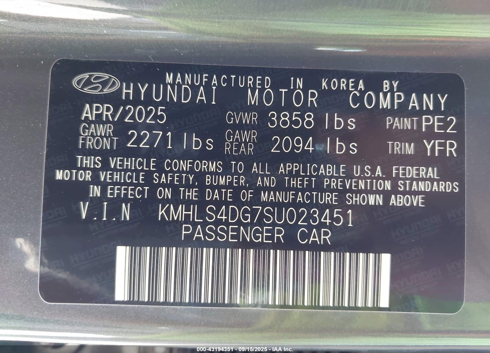 2025 HYUNDAI ELANTRA VIN: KMHLS4DG7SU023451