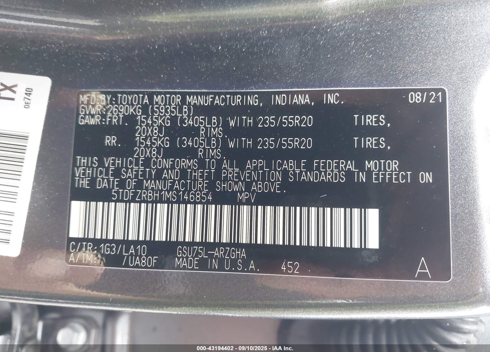 2021 TOYOTA HIGHLANDER PLATINUM VIN: 5TDFZRBH1MS146854