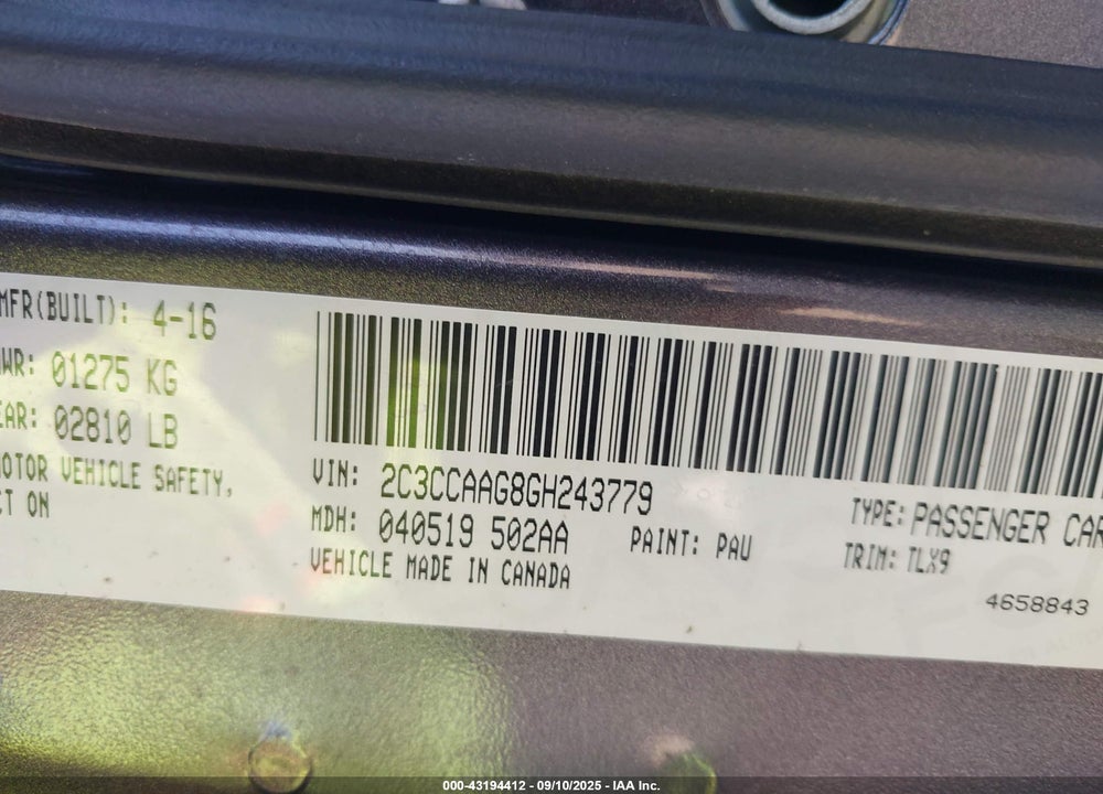 2016 CHRYSLER 300 VIN: 2C3CCAAG8GH243779