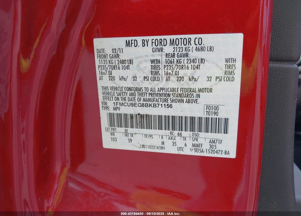 2011 FORD ESCAPE VIN: 1FMCU9EG8BKB71156