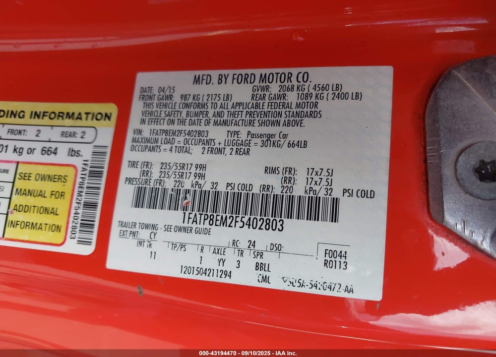 2015 FORD MUSTANG V6 VIN: 1FATP8EM2F5402803