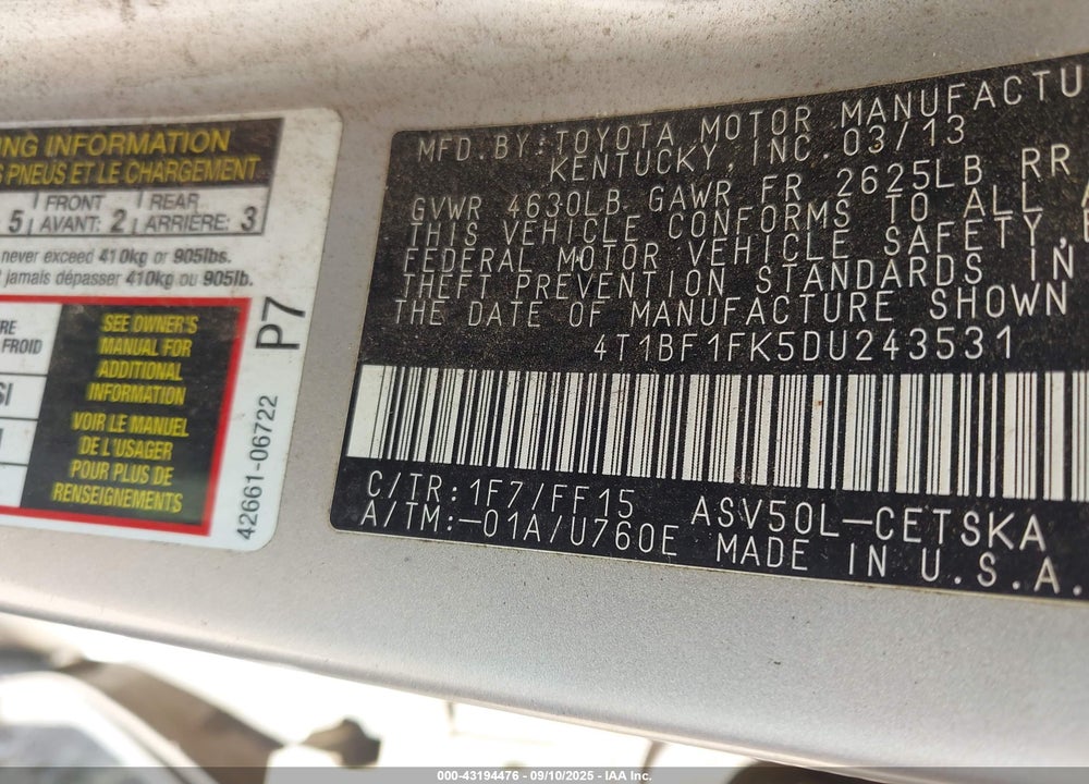 2013 TOYOTA CAMRY SE VIN: 4T1BF1FK5DU243531
