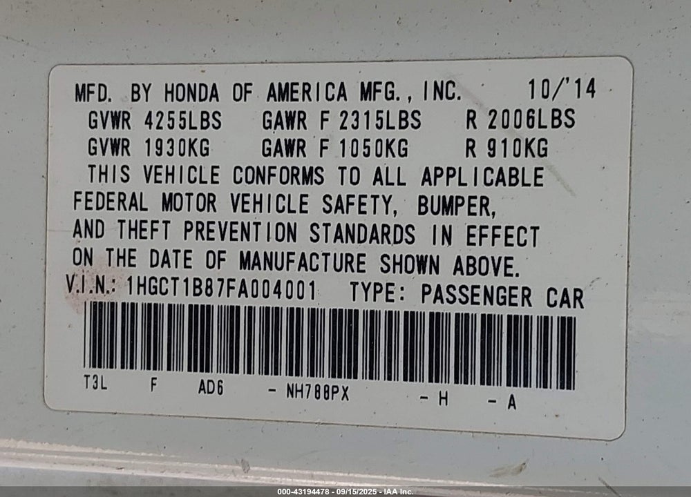 2015 HONDA ACCORD EX-L VIN: 1HGCT1B87FA004001