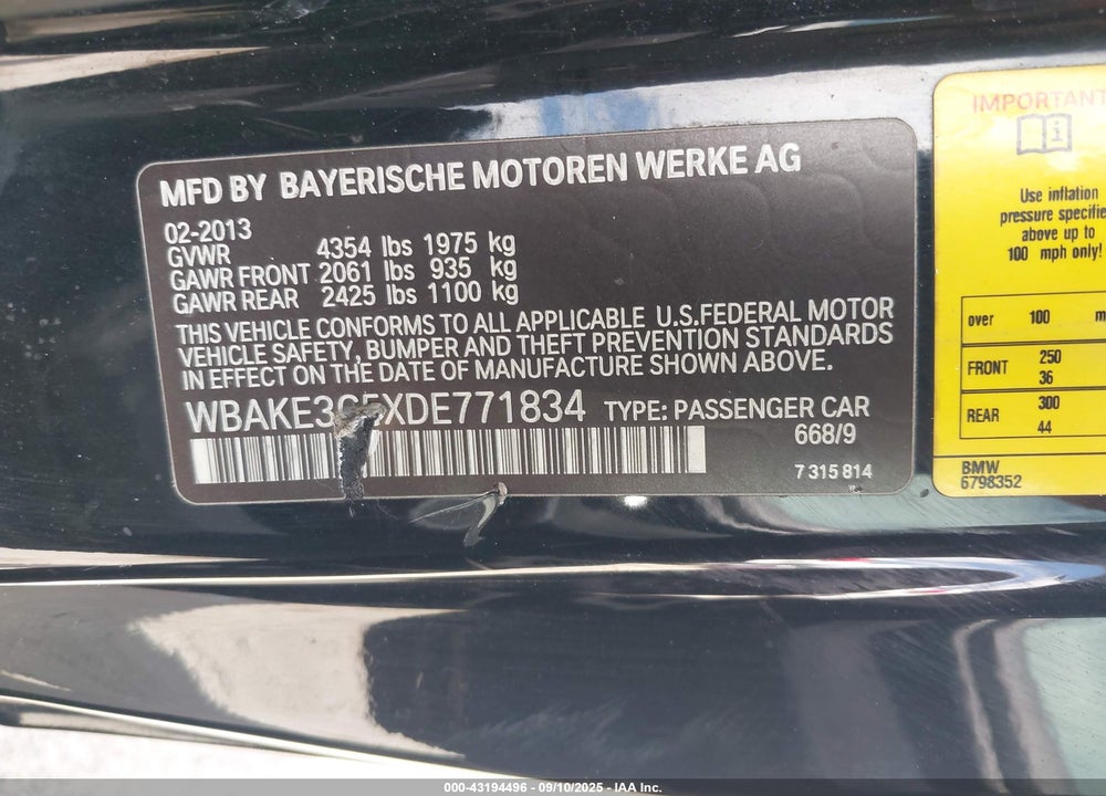 2013 BMW 3 SERIES VIN: WBAKE3C5XDE771834