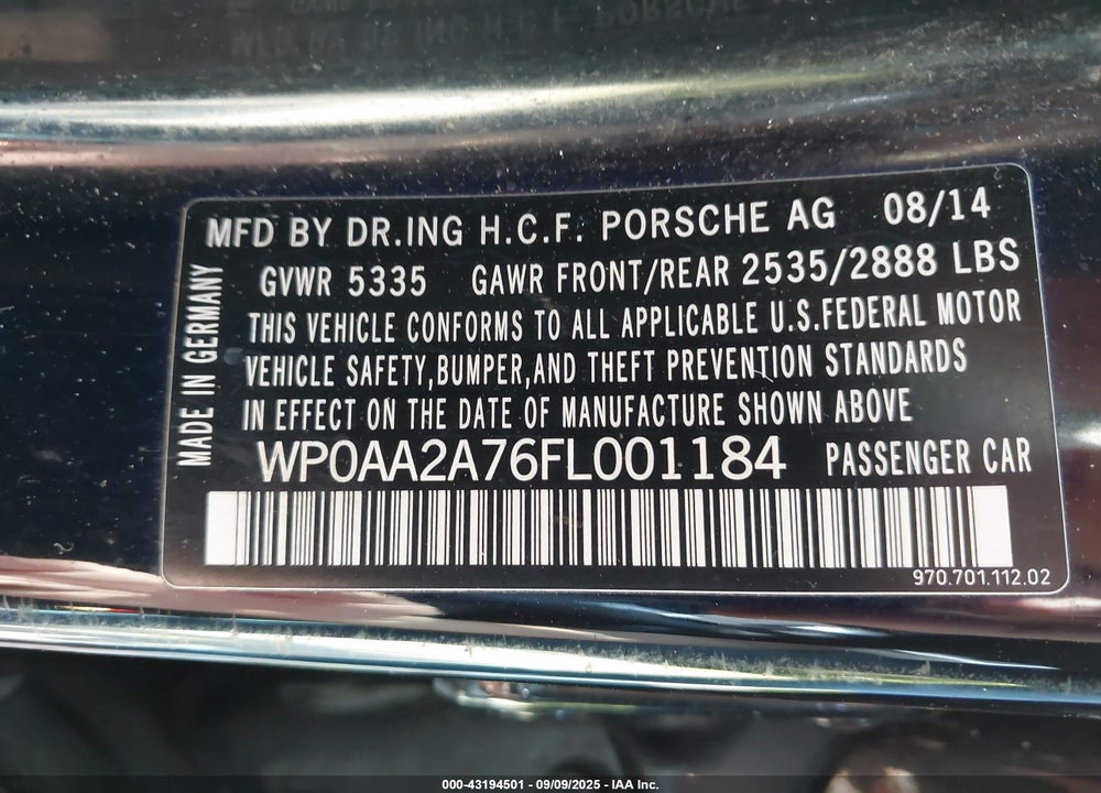 2015 PORSCHE PANAMERA VIN: WP0AA2A76FL001184