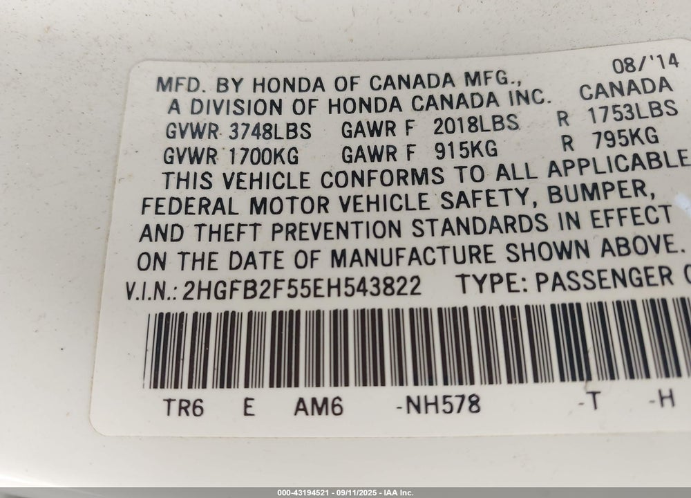 2014 HONDA CIVIC VIN: 2HGFB2F55EH543822