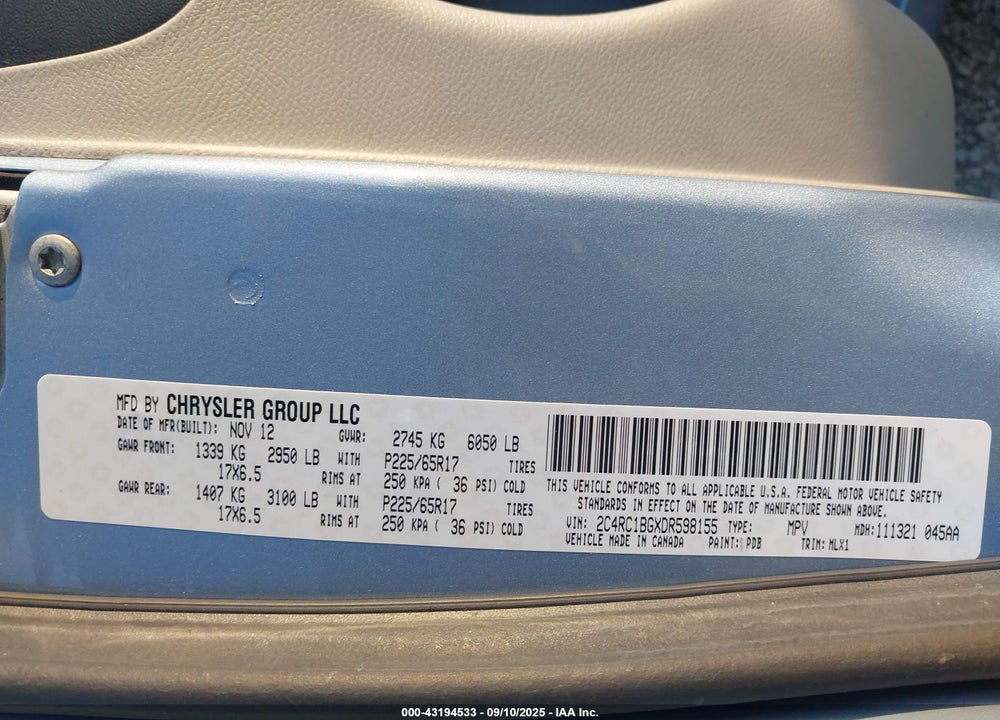 2013 CHRYSLER TOWN & COUNTRY VIN: 2C4RC1BGXDR598155
