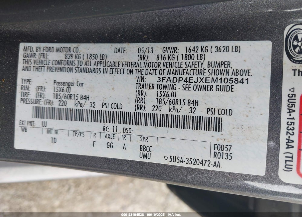 2014 FORD FIESTA VIN: 3FADP4EJXEM105841
