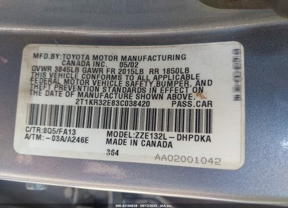2003 TOYOTA MATRIX STANDARD VIN: 2T1KR32E83C038420
