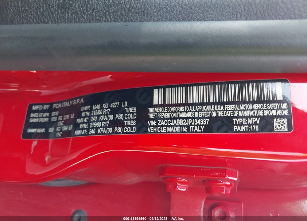 2018 JEEP RENEGADE LATITUDE FWD VIN: ZACCJABB2JPJ34337