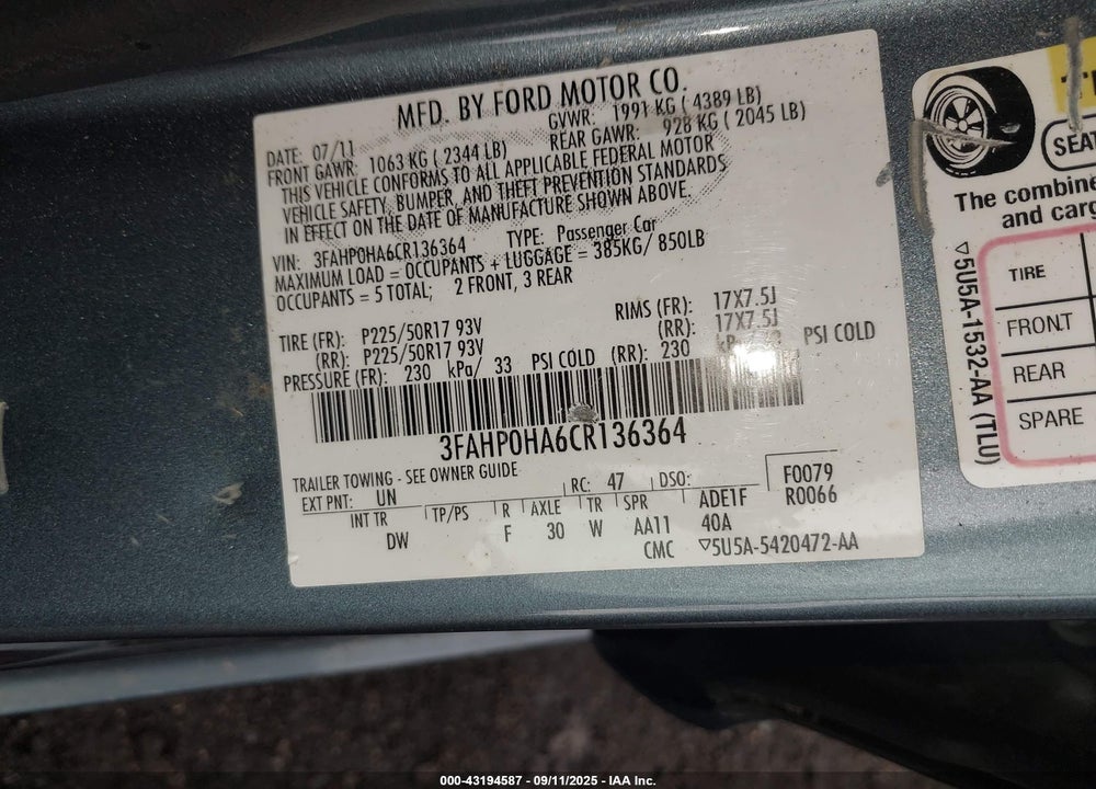 2012 FORD FUSION SE VIN: 3FAHP0HA6CR136364