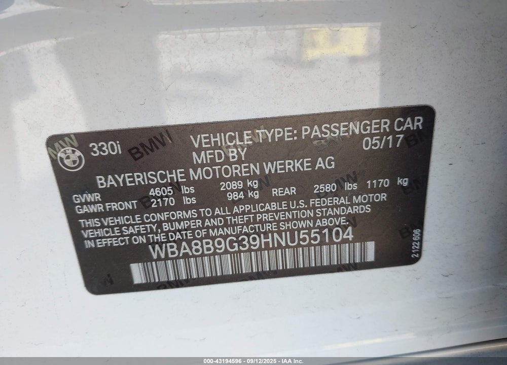 2017 BMW 3 SERIES VIN: WBA8B9G39HNU55104