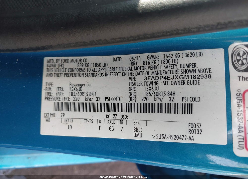 2016 FORD FIESTA SE VIN: 3FADP4EJXGM182938