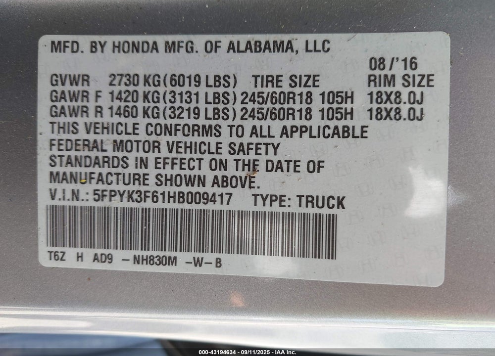 2017 HONDA RIDGELINE VIN: 5FPYK3F61HB009417