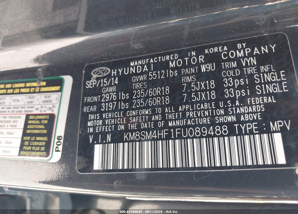 2015 HYUNDAI SANTA FE VIN: KM8SM4HF1FU089488