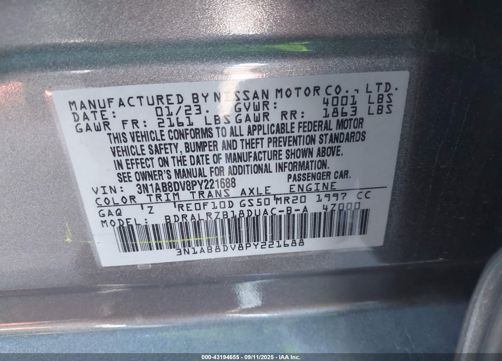 2023 NISSAN SENTRA VIN: 3N1AB8DV8PY221688