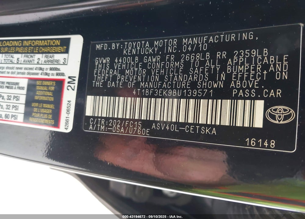 2011 TOYOTA CAMRY VIN: 4T1BF3EK9BU139571