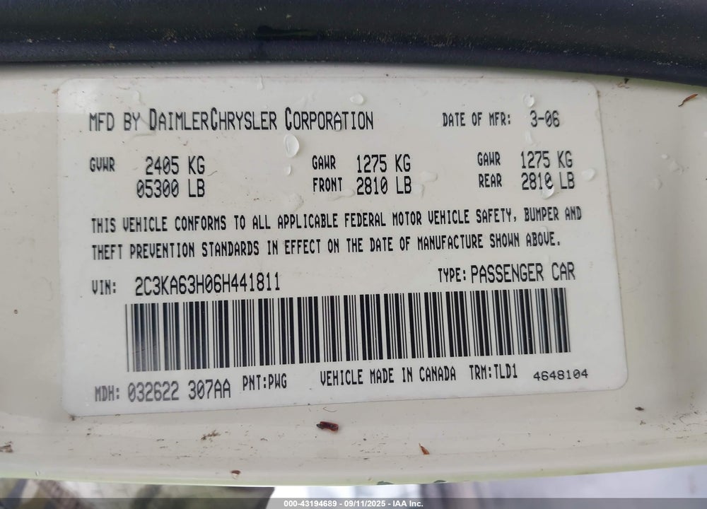 2006 CHRYSLER 300 VIN: 2C3KA63H06H441811