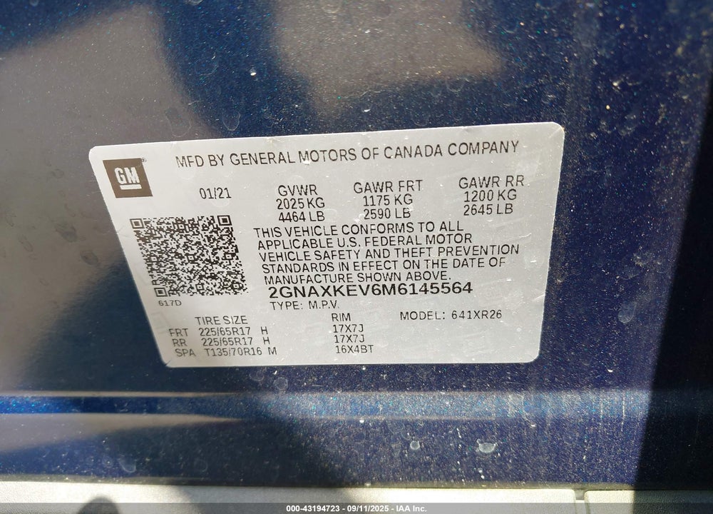 2021 CHEVROLET EQUINOX VIN: 2GNAXKEV6M6145564