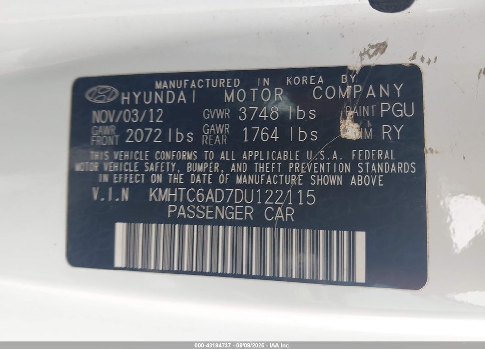 2013 HYUNDAI VELOSTER VIN: KMHTC6AD7DU122115