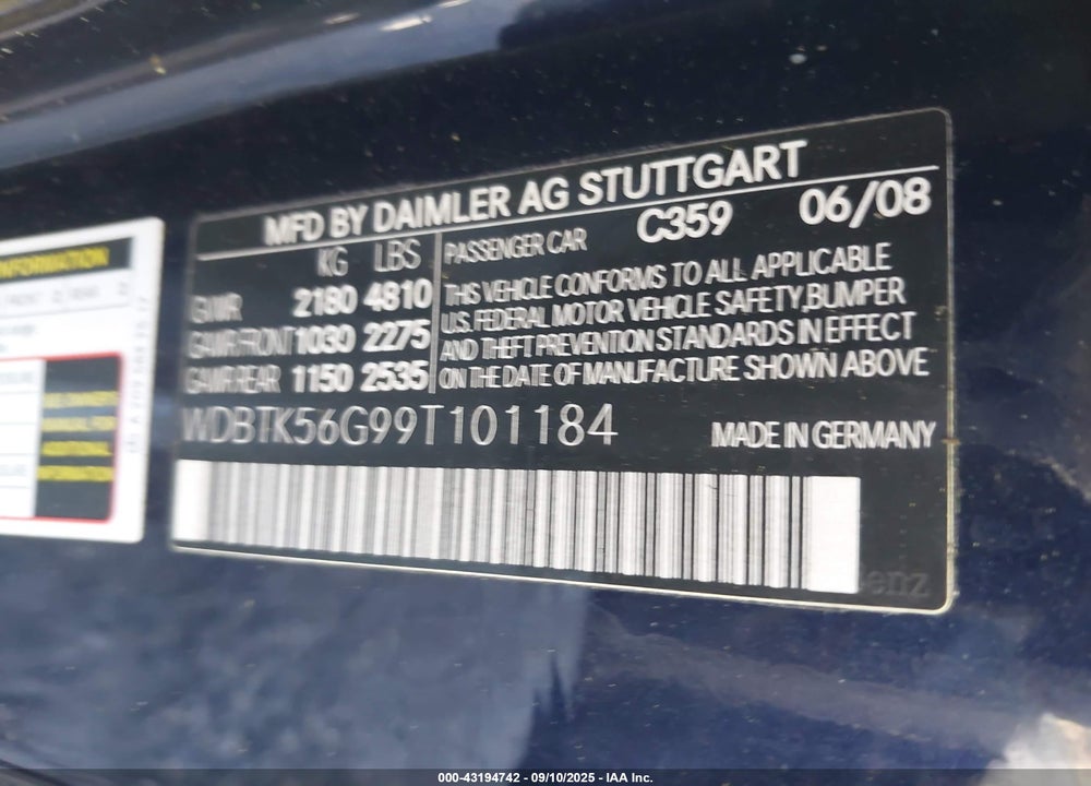 2009 MERCEDES-BENZ CLK-CLASS VIN: WDBTK56G99T101184
