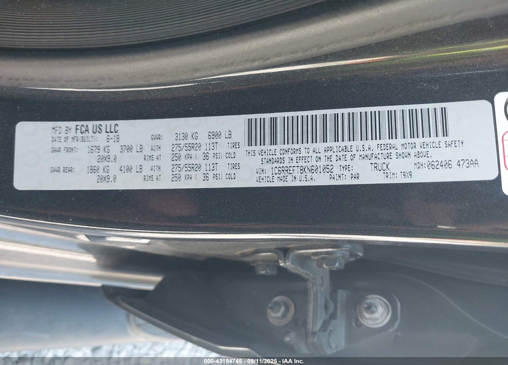 2019 RAM 1500 BIG HORN/LONE STAR 4X2 5'7 BOX VIN: 1C6RREFT8KN601052