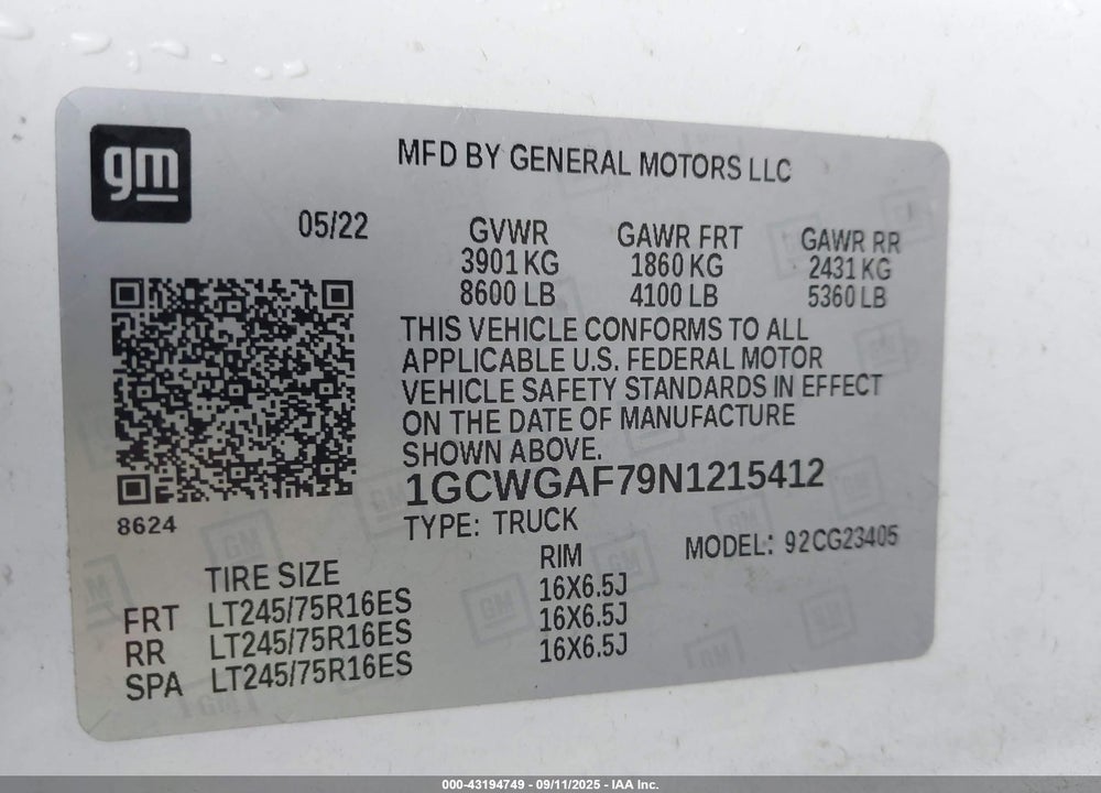 2022 CHEVROLET EXPRESS CARGO VIN: 1GCWGAF79N1215412