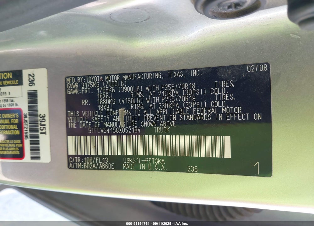 2008 TOYOTA TUNDRA SR5 5.7L V8 VIN: 5TFEV54158X052184