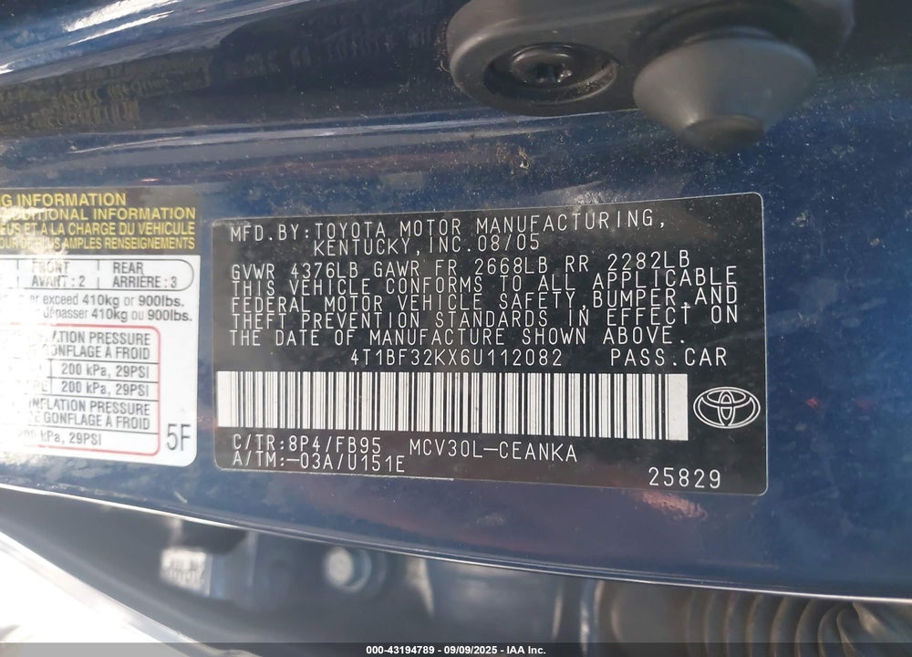 2006 TOYOTA CAMRY LE V6 VIN: 4T1BF32KX6U112082