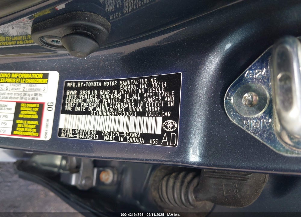 2015 TOYOTA COROLLA VIN: 2T1BURHE5FC230021
