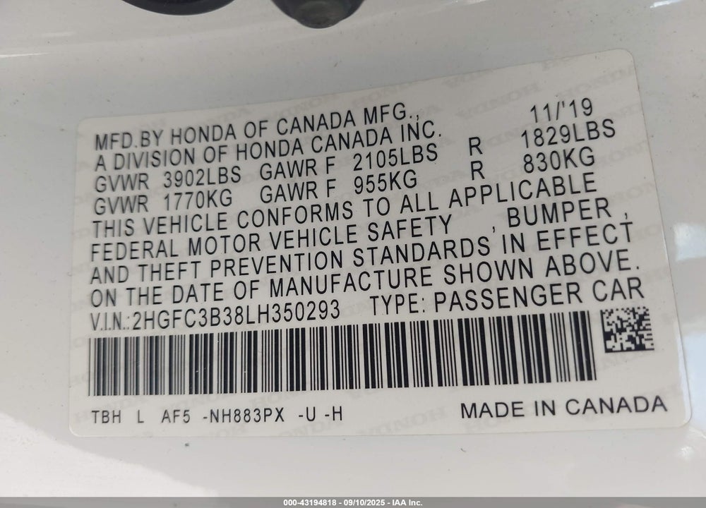 2020 HONDA CIVIC VIN: 2HGFC3B38LH350293