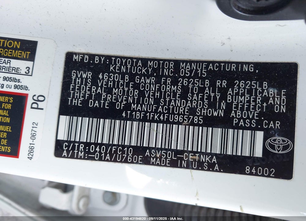 2015 TOYOTA CAMRY VIN: 4T1BF1FK4FU965785