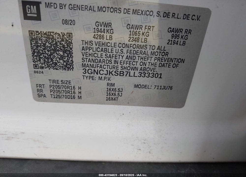 2020 CHEVROLET TRAX FWD LS VIN: 3GNCJKSB7LL333301