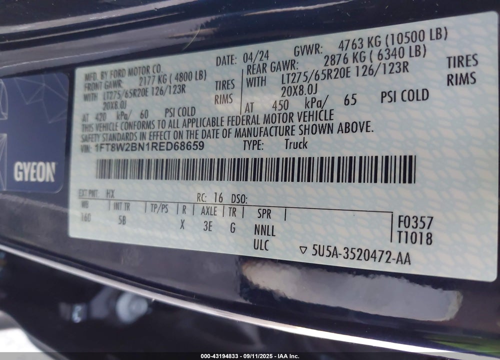 2024 FORD F-250 LARIAT VIN: 1FT8W2BN1RED68659