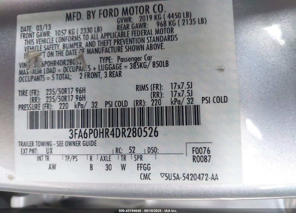 2013 FORD FUSION VIN: 3FA6P0HR4DR280526