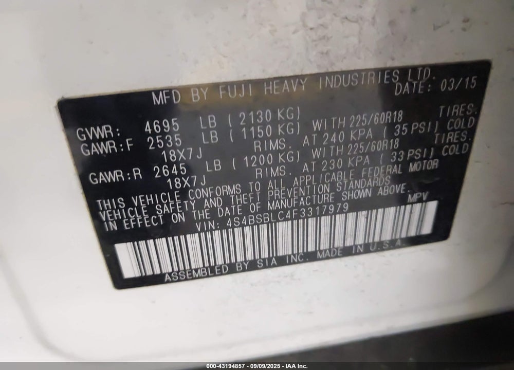 2015 SUBARU OUTBACK VIN: 4S4BSBLC4F3317979
