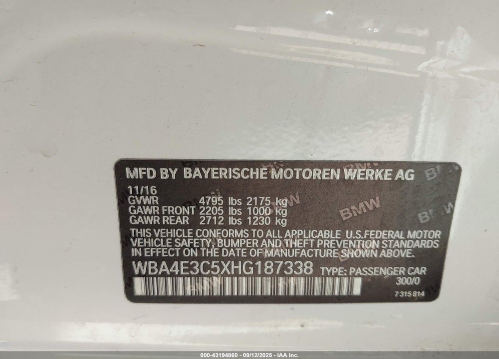 2017 BMW 4 SERIES VIN: WBA4E3C5XHG187338