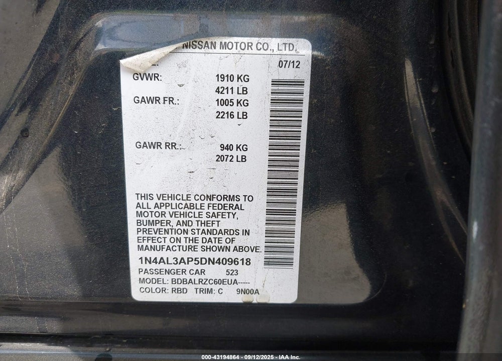 2013 NISSAN ALTIMA VIN: 1N4AL3AP5DN409618