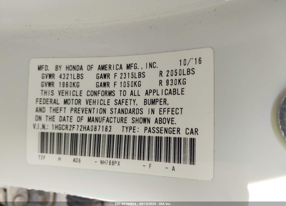 2017 HONDA ACCORD VIN: 1HGCR2F72HA087183